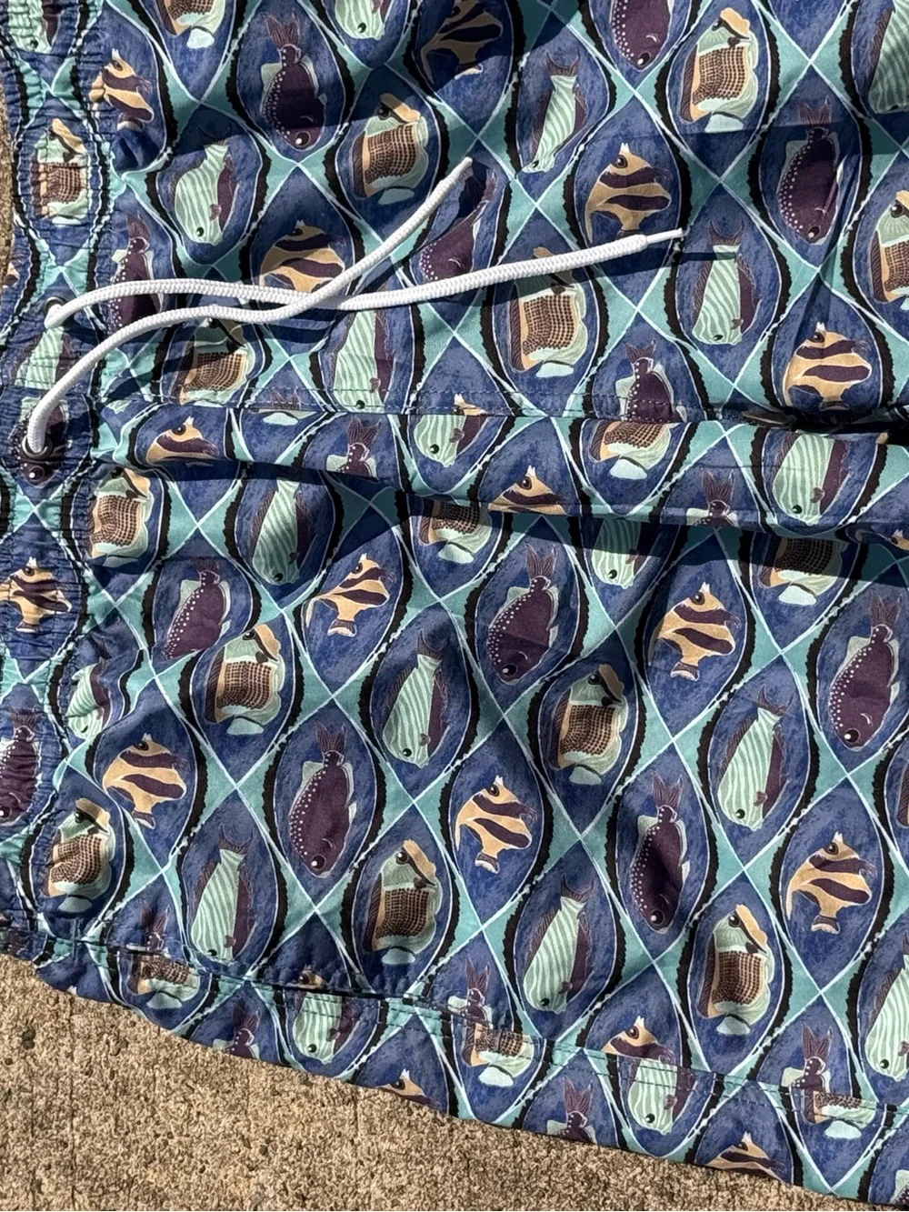 Vintage 90s Trunks Men's Blue Fish-Print Swim Trunks